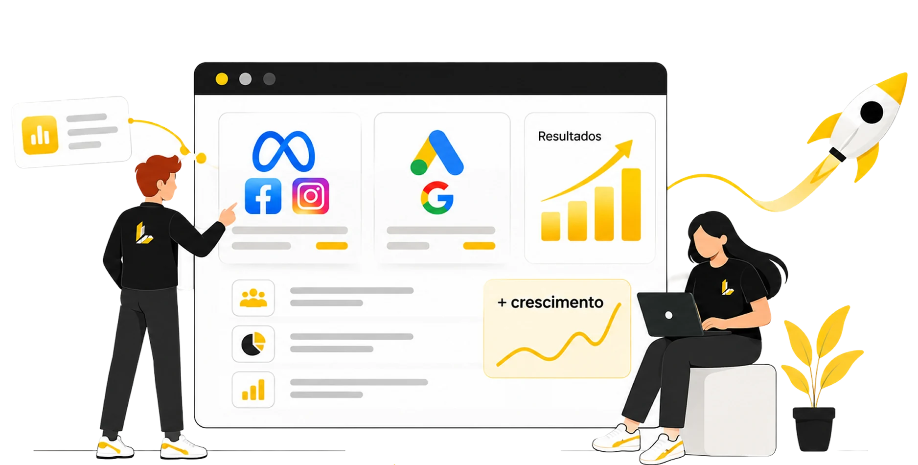 Time da Legacy trabalhando com Meta Ads, Google Ads e resultados